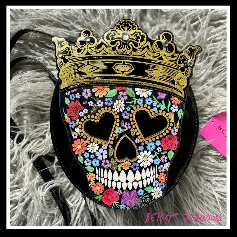 Betsey Johnson Sugar Skull Queen Tiera Jeweled Floral Black Crossbody Purse